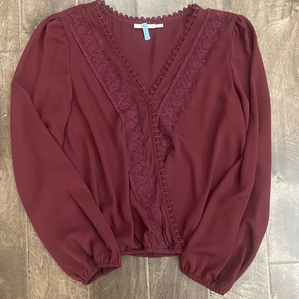 Burgundy Lace Trim Crossover Blouse